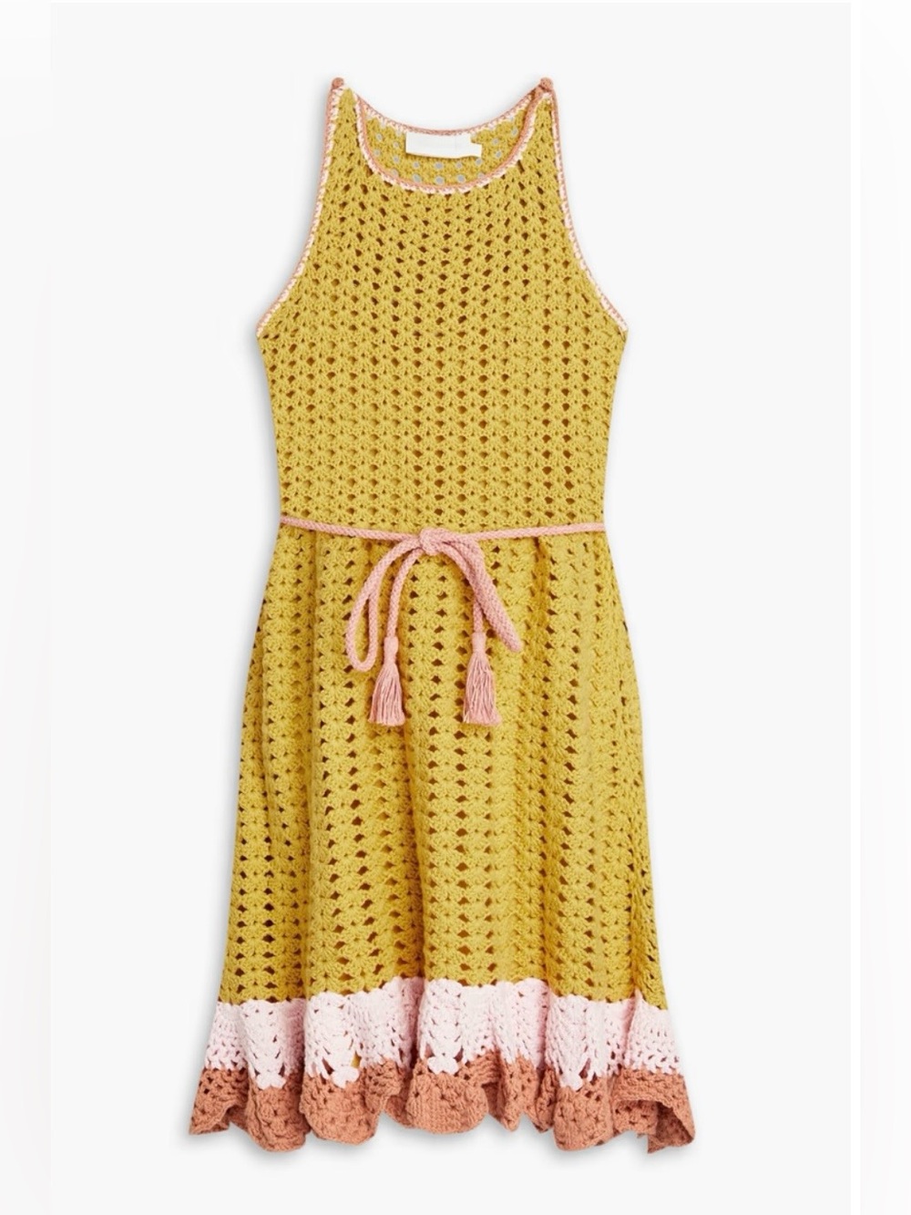 Zimmerman crocheted 🧶 Sleeveless Mini Dress in Mustard with Pink & Tan Trim - Picture 3 of 5